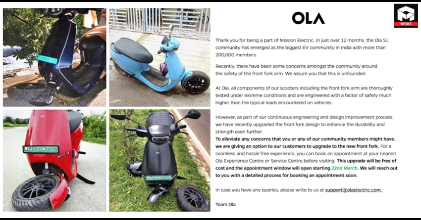 Ola S1 Scooters Recalled To Fix Front Suspension Issue - Free Upgrade Offer