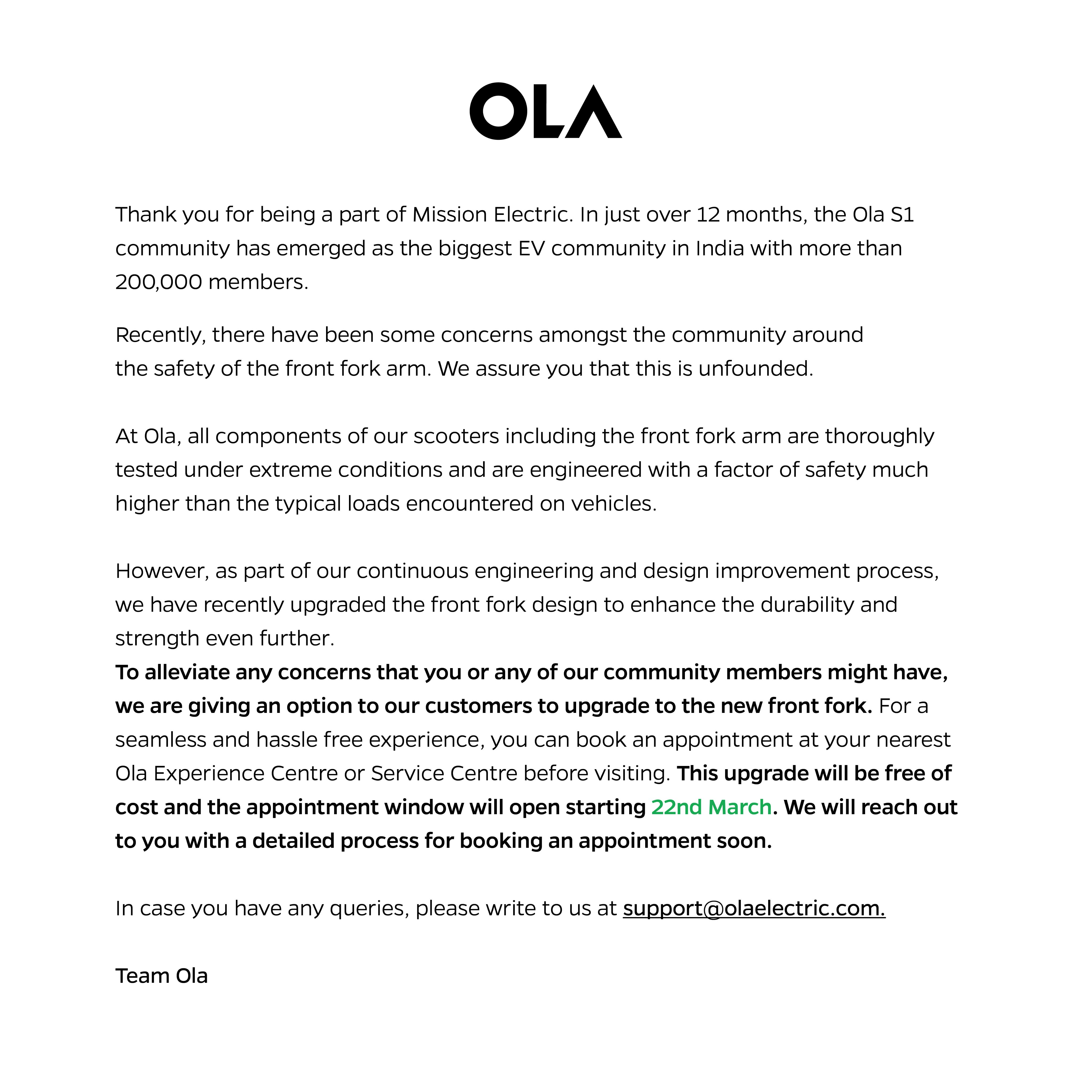 Ola Front Suspension Announcement - Ola S1 Scooters Recalled To Fix Front Suspension Issue - Free Upgrade Offer Ola Front Suspension Announcement