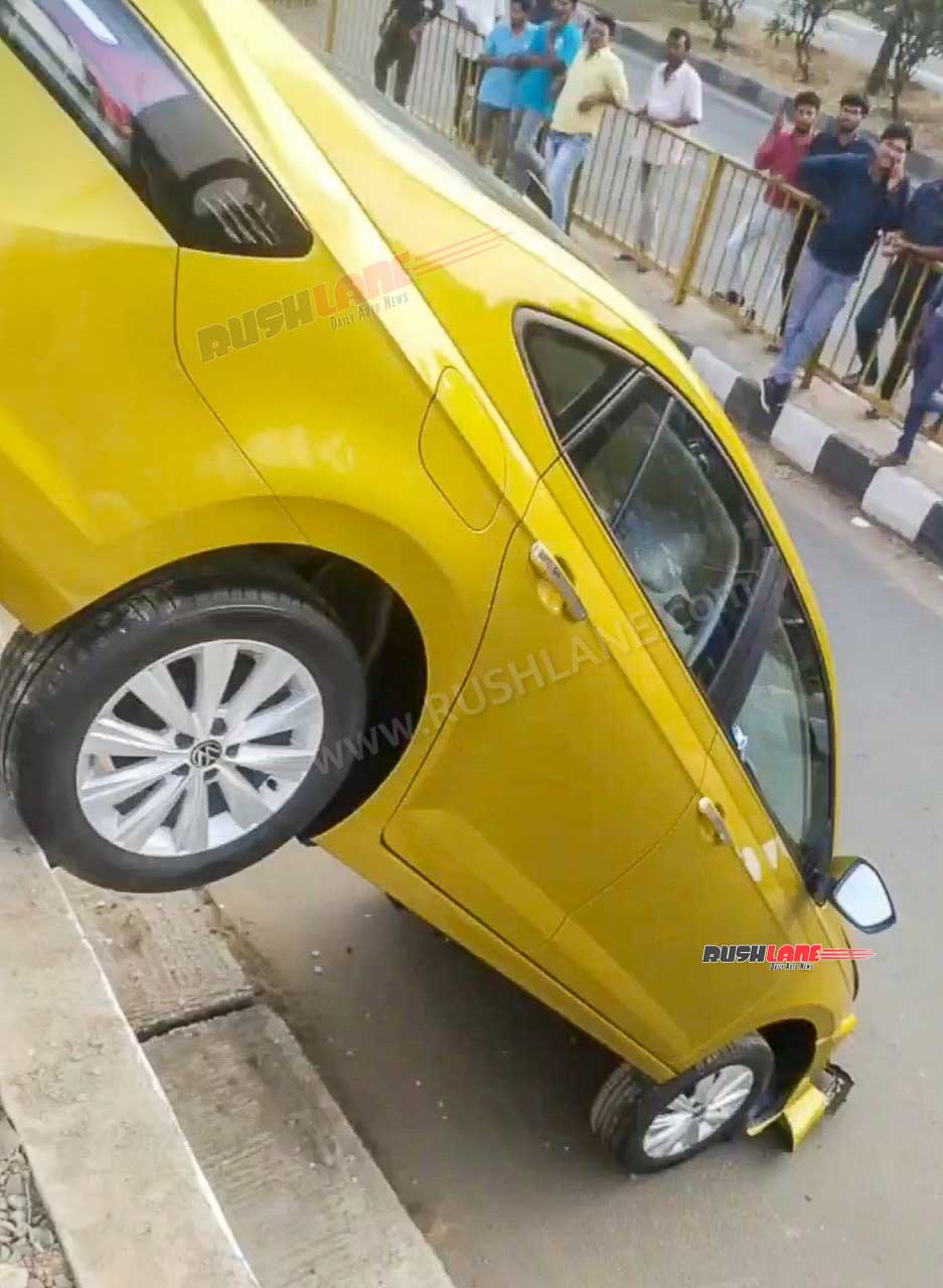 Delivery Gone Wrong: Volkswagen Virtus Crashed Outside The Showroom - foreground