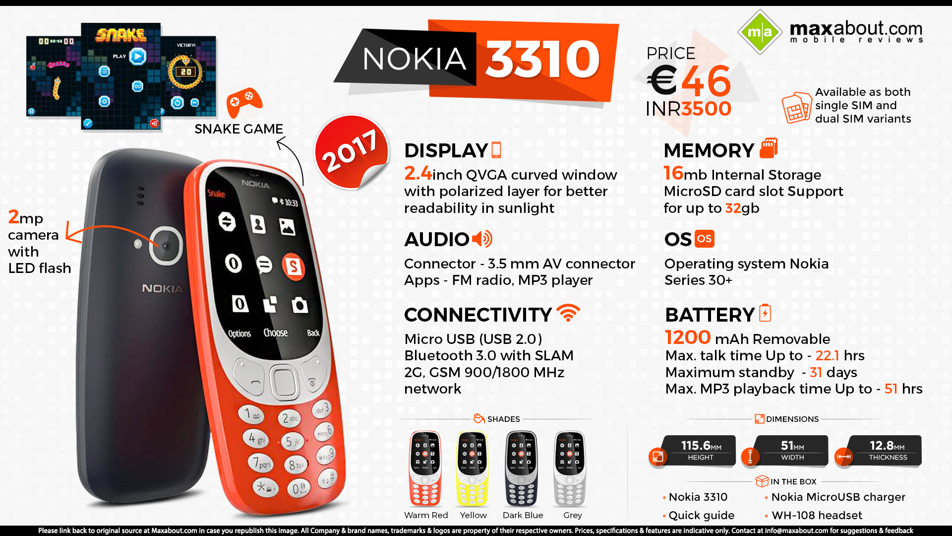 Nếu bạn là tín đồ của những chiếc điện thoại cổ điển, Nokia 3310 là một lựa chọn hoàn hảo cho bạn. Với thiết kế đẹp mắt, pin trâu, âm thanh to rõ và đầy đủ các chức năng cơ bản như gọi điện, nhắn tin và chơi game, Nokia 3310 2017 sẽ đem đến cho bạn những trải nghiệm tuyệt vời mà không một chiếc smartphone hiện đại nào có được.